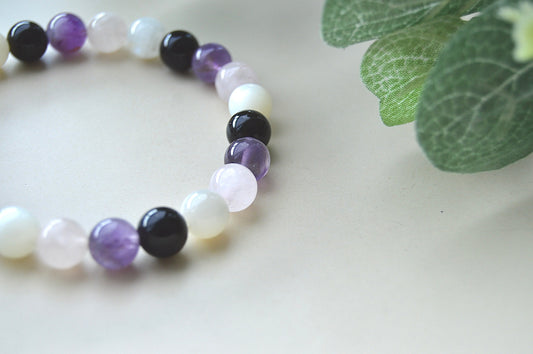 Ametyst, rosenkvarts, obsidian og månestein armbånd