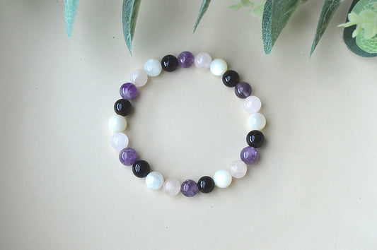 Ametyst, rosenkvarts, obsidian og månestein armbånd