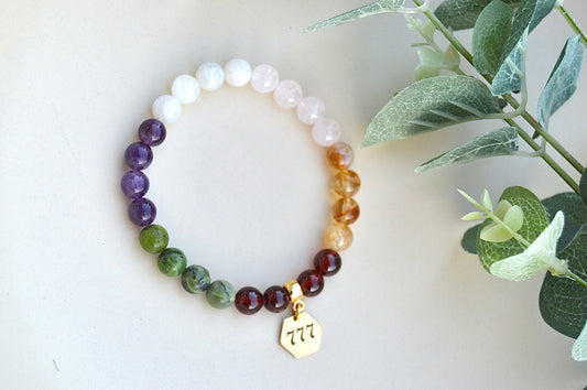 Ametyst, månestein, granat, rosenkvarts, sitrin og jade armbånd – spirituell balanse, kjærlighet og veiledning